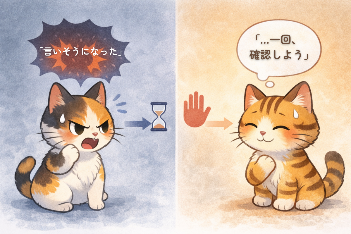 「怒りそうな三毛猫が3秒止まり、相談の表情に切り替わる2コマのイラスト」