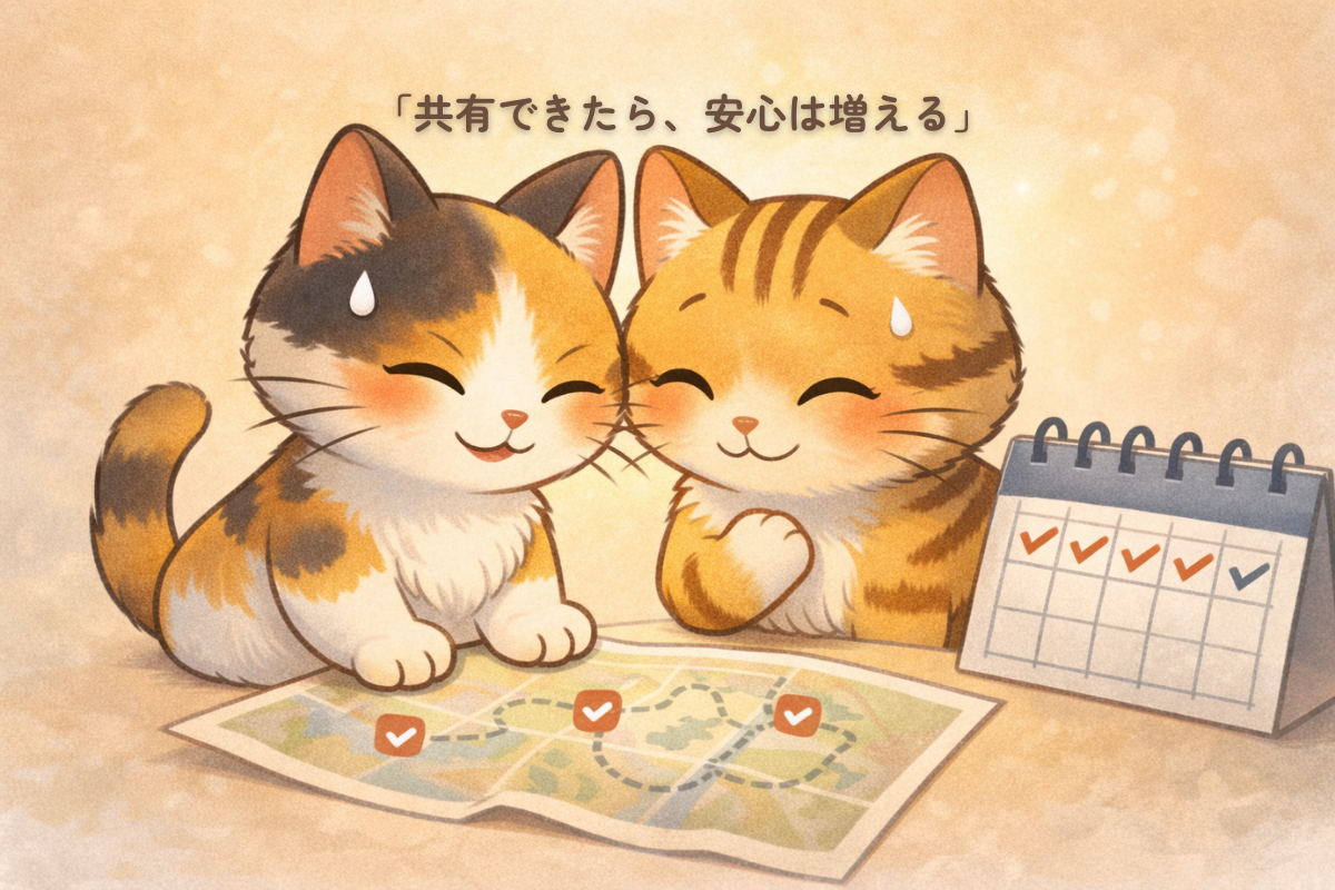 「三毛猫と虎が地図とカレンダーを一緒に見て、安心して微笑んでいるイラスト」
