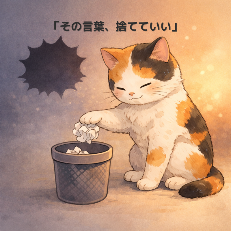「三毛猫がくしゃっと丸めた紙をゴミ箱に捨てて、ほっとした表情をしているイラスト」