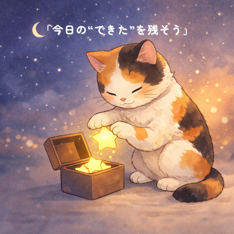 「夜空の下で三毛猫が光る星を小さな箱に入れてふたを閉じようとしているイラスト」
