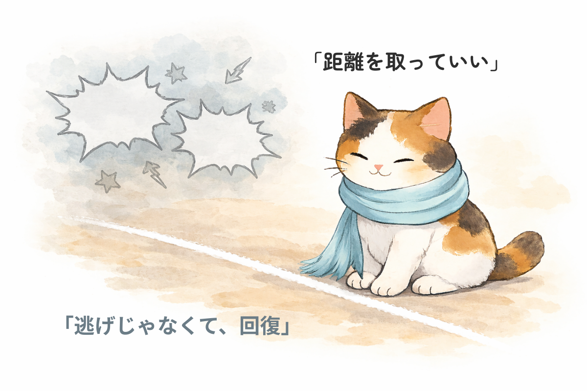 「三毛猫が床に白い境界線を引き、線のこちら側で落ち着いて座っているイラスト」