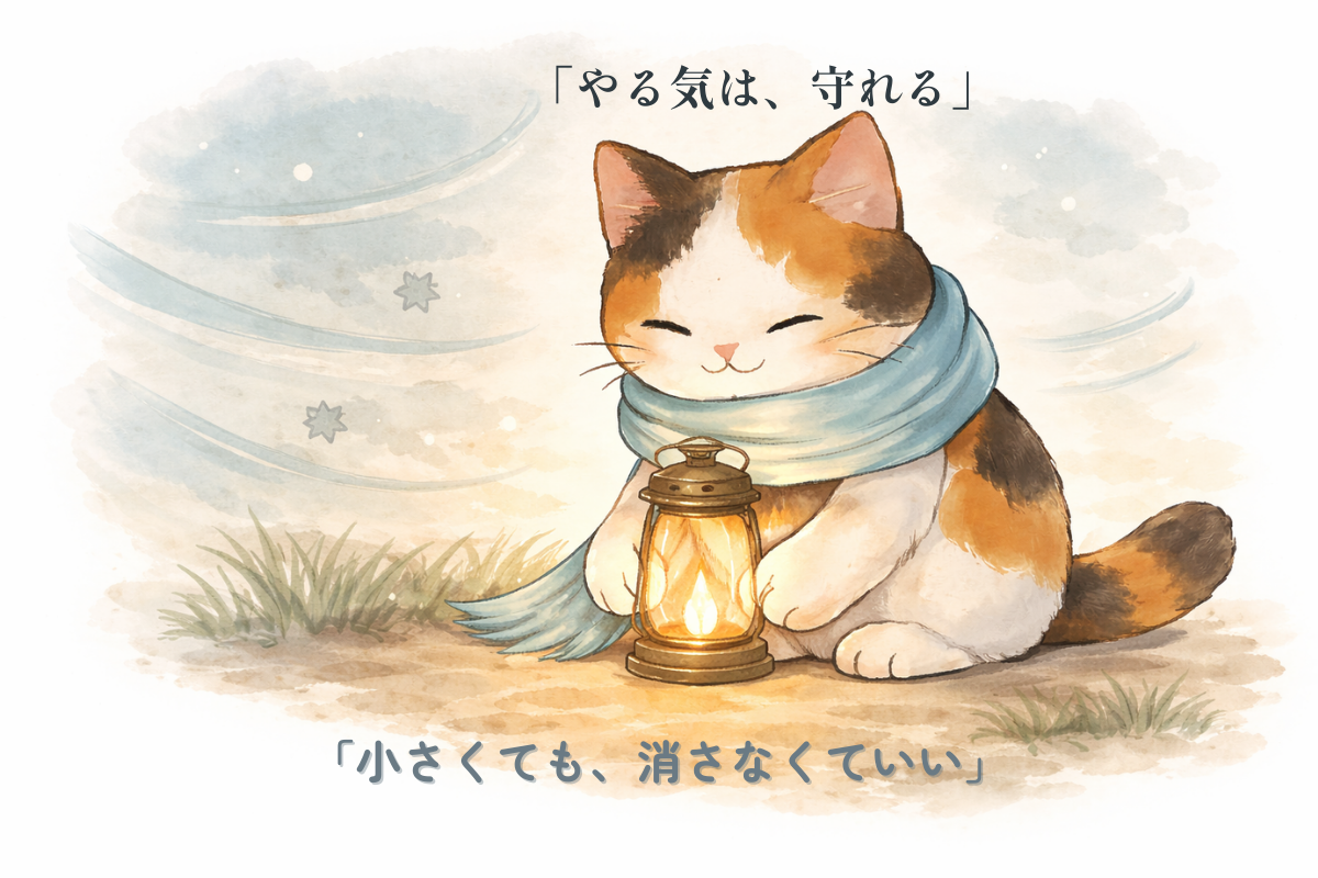 「三毛猫が小さなランタンを両手で囲って守り、周りに風が吹いているイラスト」