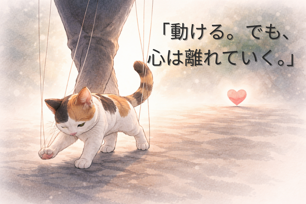 「操り糸で歩かされる三毛猫と、少し離れて置き去りになった小さなハートのイラスト」