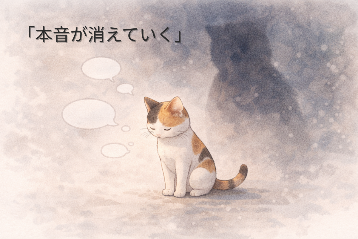 「口を閉じた三毛猫のそばで空っぽの吹き出しが小さく萎み、背後に大きな影があるイラスト」