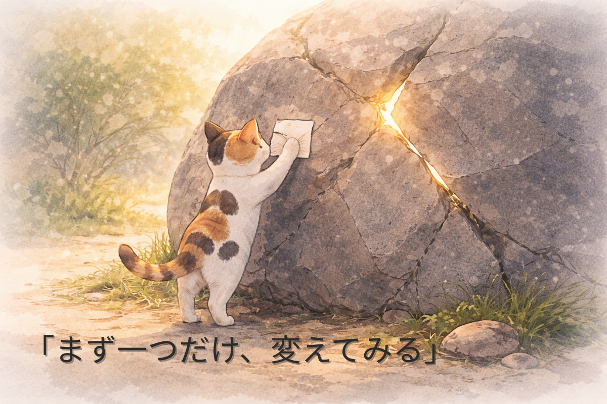 「三毛猫が小さなメモを大きな岩に貼り、ヒビからやわらかい光が漏れているイラスト」