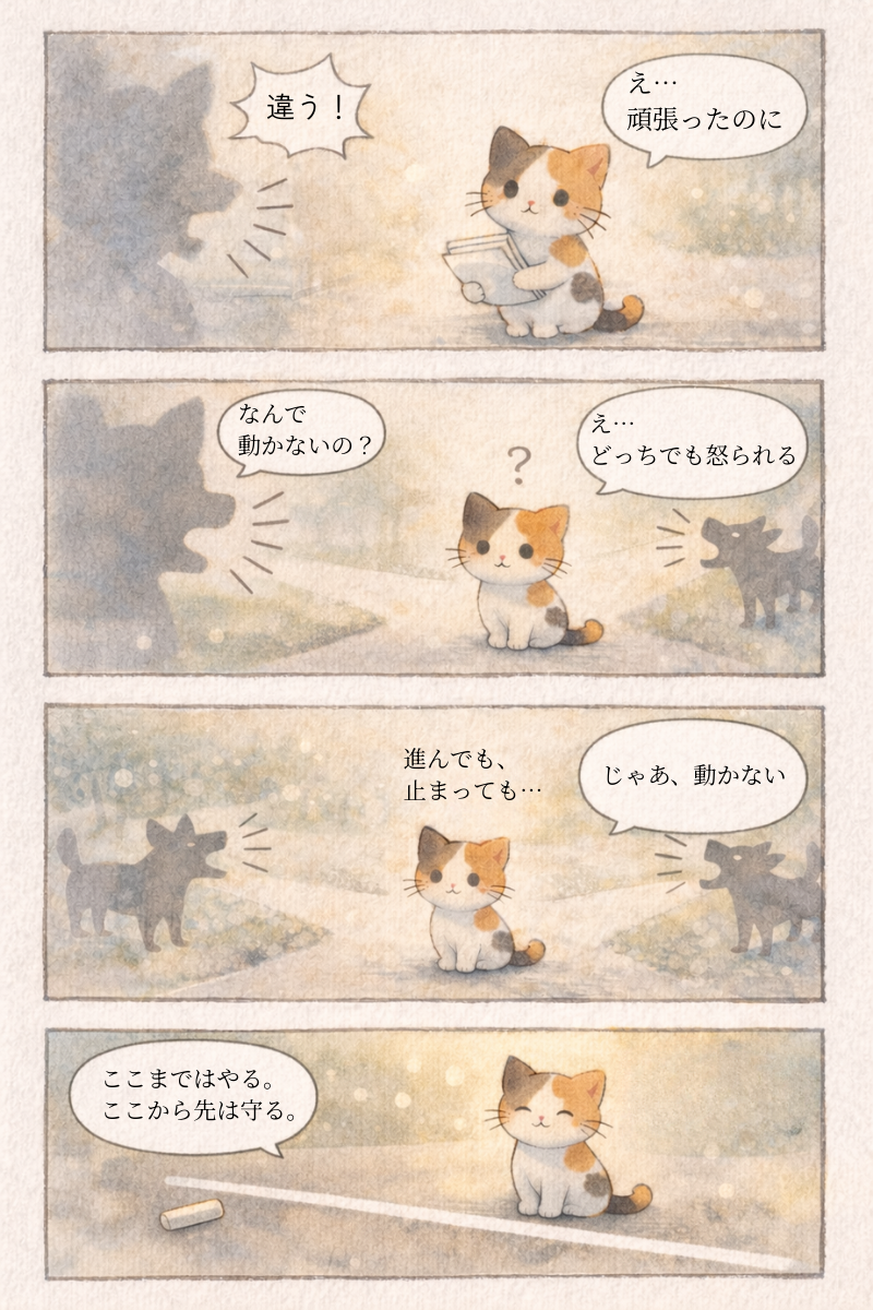 「三毛猫が理不尽に責められて動けなくなり、最後に白線を引いて自分を守る4コマ水彩漫画」