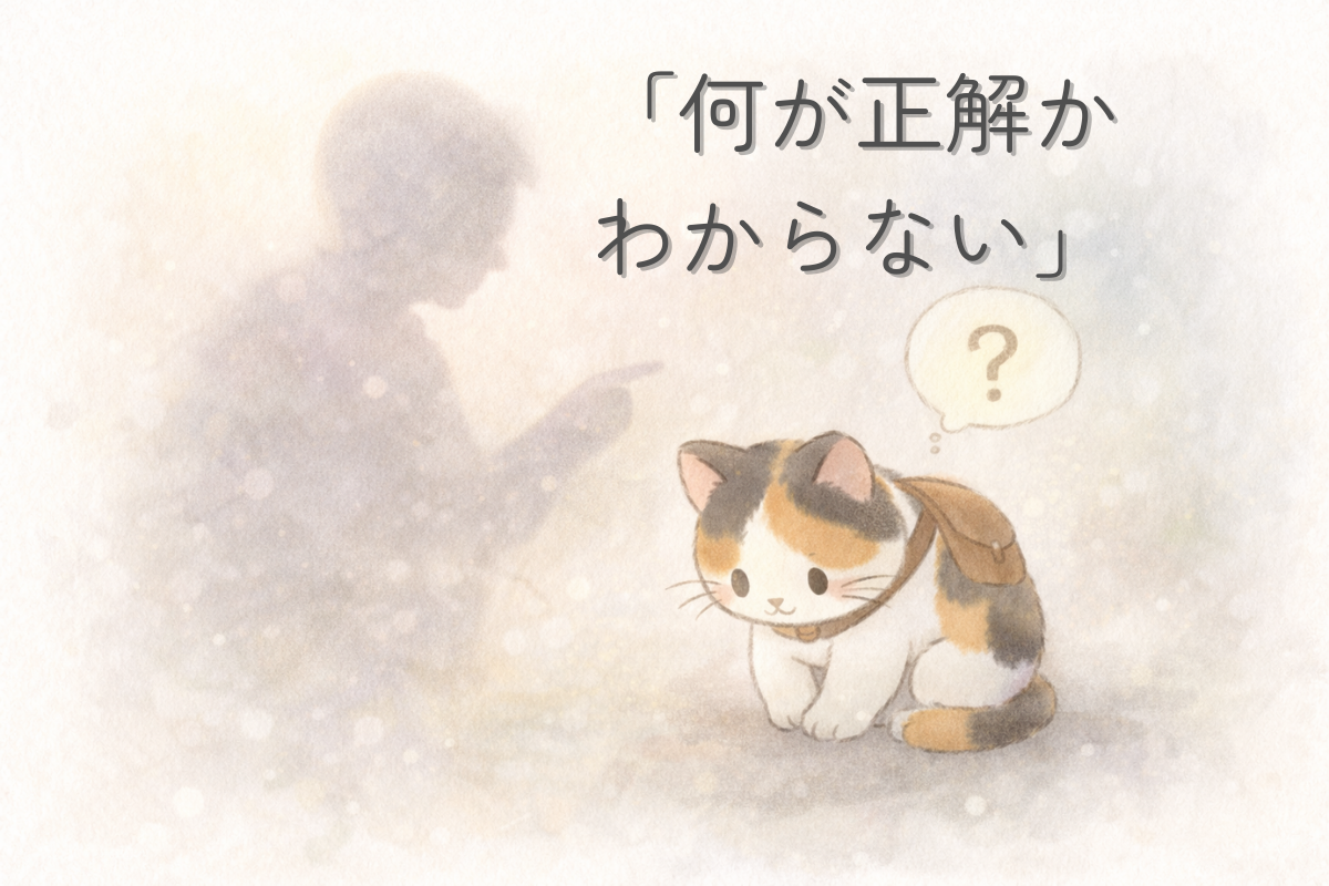 「三毛猫が小さく丸まり、背後に人の影があり、疑問符の吹き出しが浮かぶ水彩イラスト」