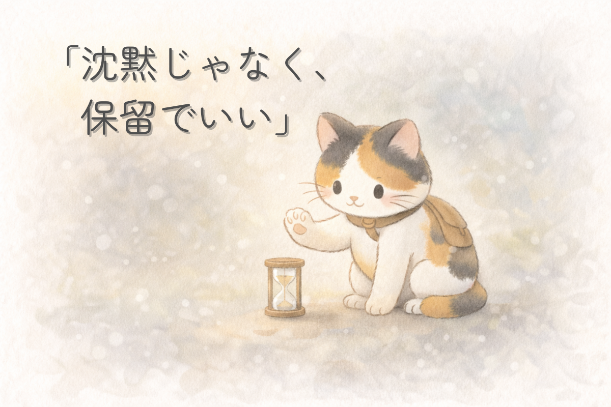 「三毛猫が前足でストップのポーズをし、横に小さな砂時計がある水彩イラスト」