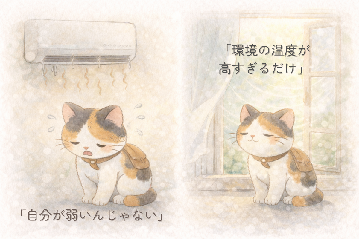 「壊れたエアコンの下で汗をかく三毛猫と、窓辺の風でほっとする三毛猫の2コマ水彩イラスト」