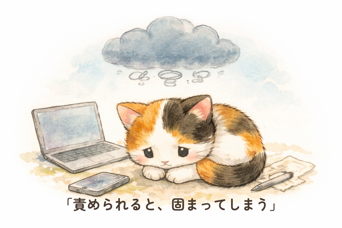 ノートPCとスマホのそばで三毛猫が小さく丸まり、頭上に雨雲のようなモヤが浮かぶイラスト