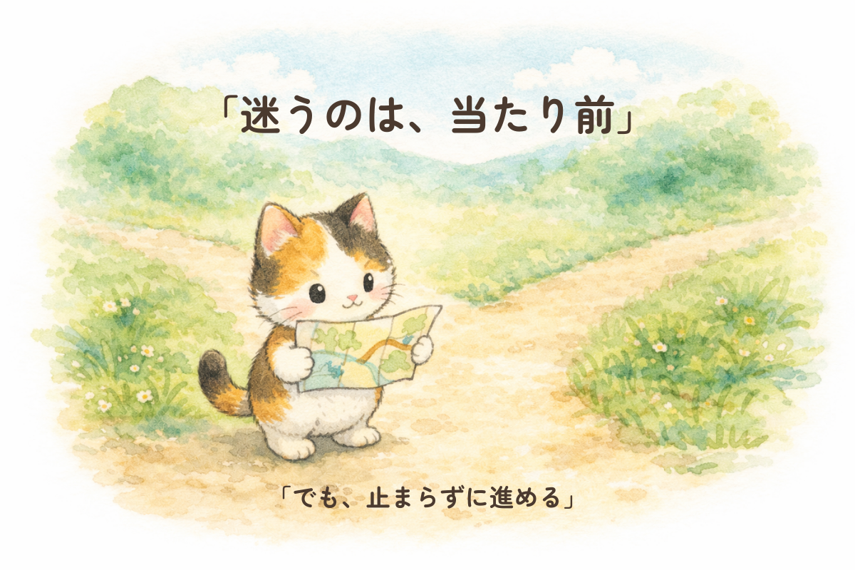 分かれ道の前で三毛猫が地図を見ながら落ち着いて立ち止まっているイラスト