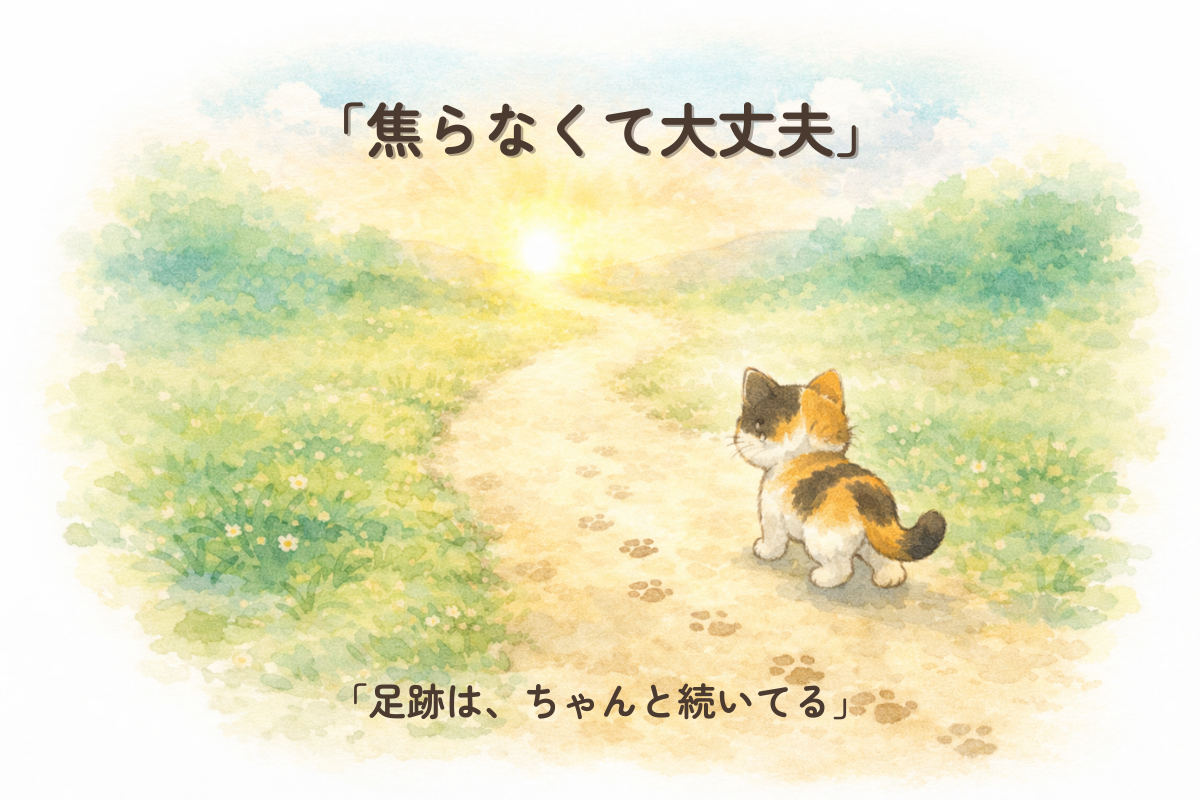 足跡が続く道の先に淡い朝日が見え、三毛猫がのんびり歩いているイラスト