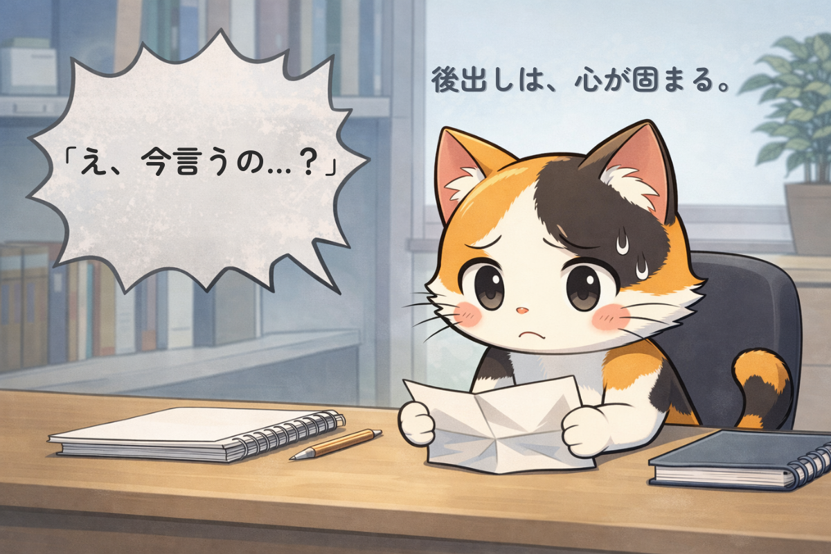 後出しの指摘に固まる三毛猫が机の前でしょんぼりしているイラスト