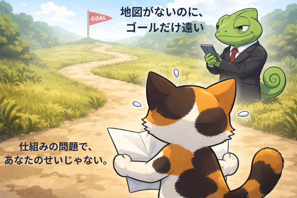 白紙の地図を持つ三毛猫と遠いゴール旗、スマホを見る上司カメレオンのイラスト