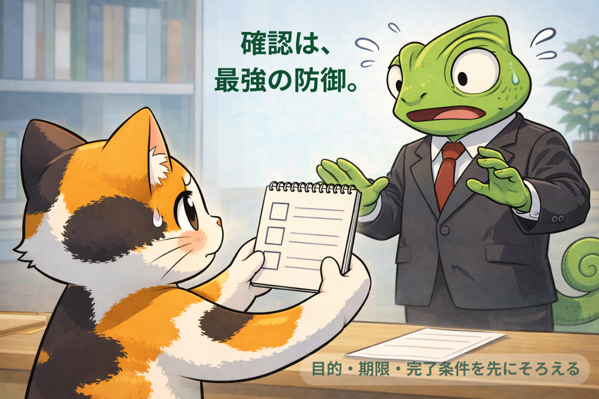 三毛猫が枠線だけのチェックメモを差し出し、上司カメレオンがたじろぐイラスト