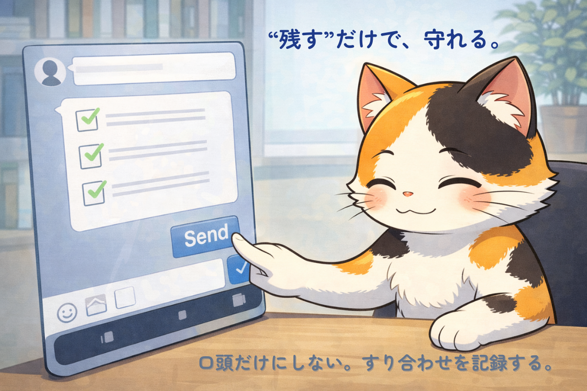 チェックマーク付きのチャット画面で送信ボタンを押し安心する三毛猫のイラスト
