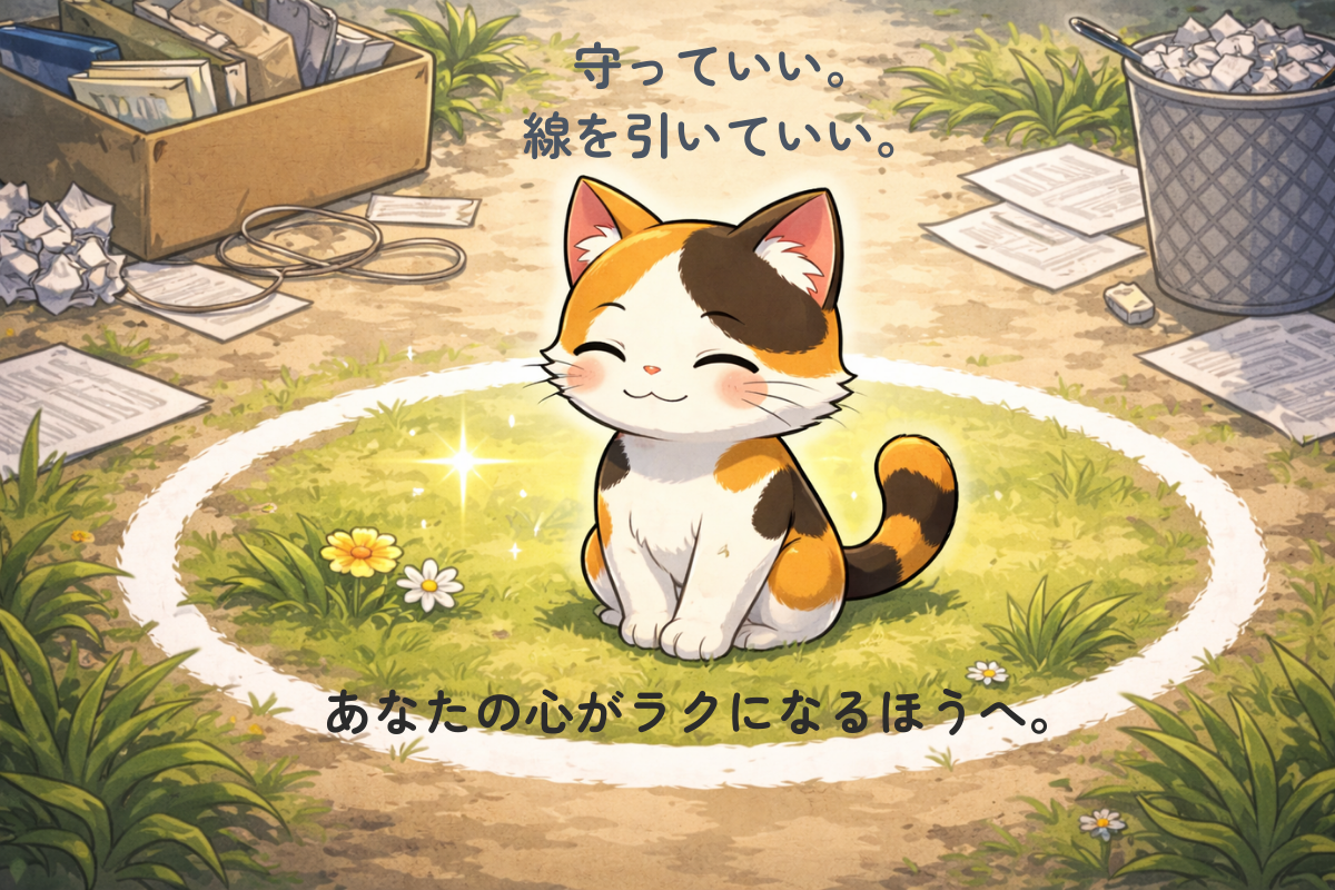 白い境界線の内側で落ち着いて座る三毛猫と外側の散らかった環境の対比イラスト