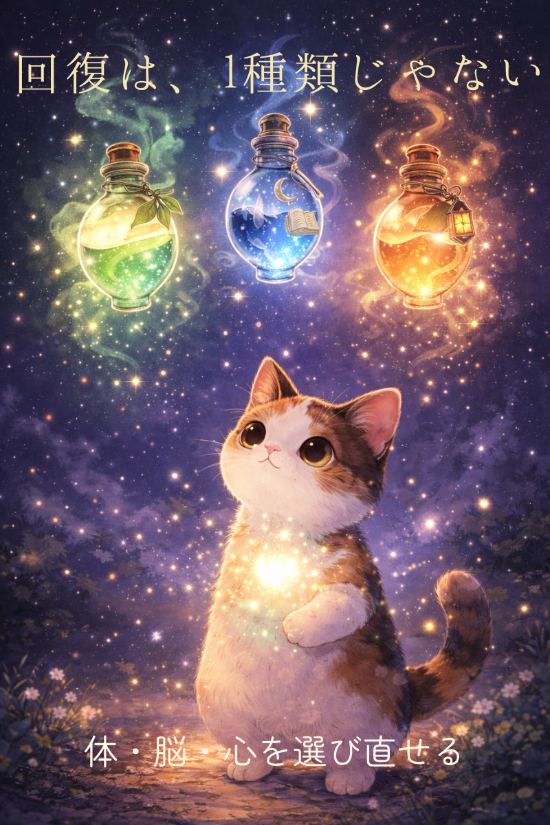星空の下で三毛猫を包む光と、体・脳・心を表す3本のポーションが浮かぶ幻想的なイラスト