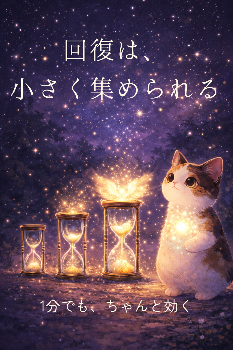 夜の静けさの中で三毛猫のそばに3つの砂時計が輝き、回復の光が増えていく幻想的なイラスト