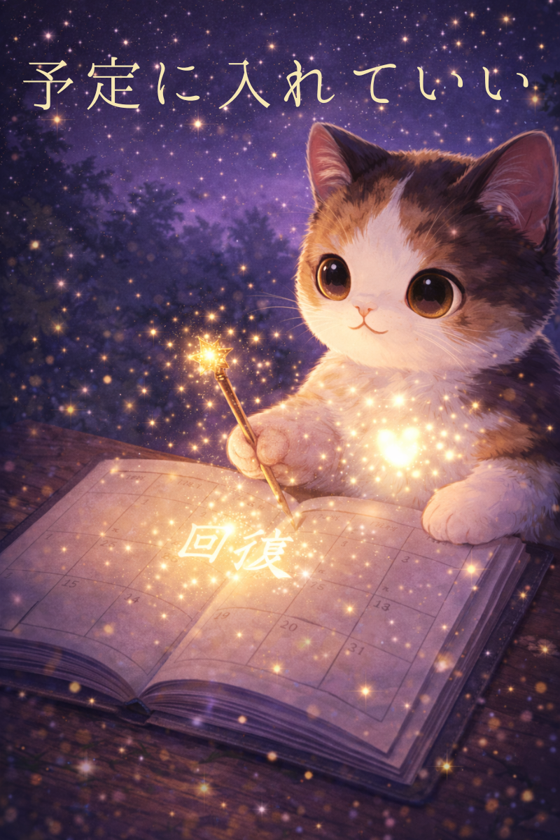 三毛猫が魔法の杖で手帳に予定を書き込み、淡い光と星が舞う幻想的な締めイラスト