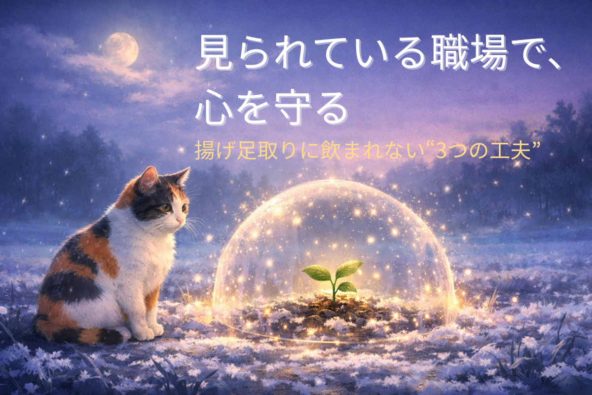霜が降りた畑で光のドームに守られた苗を三毛猫が見守る幻想的なイラスト