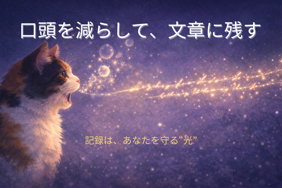 三毛猫の口から音の泡が浮かび、光る文字の糸が伸びる幻想的なイラスト