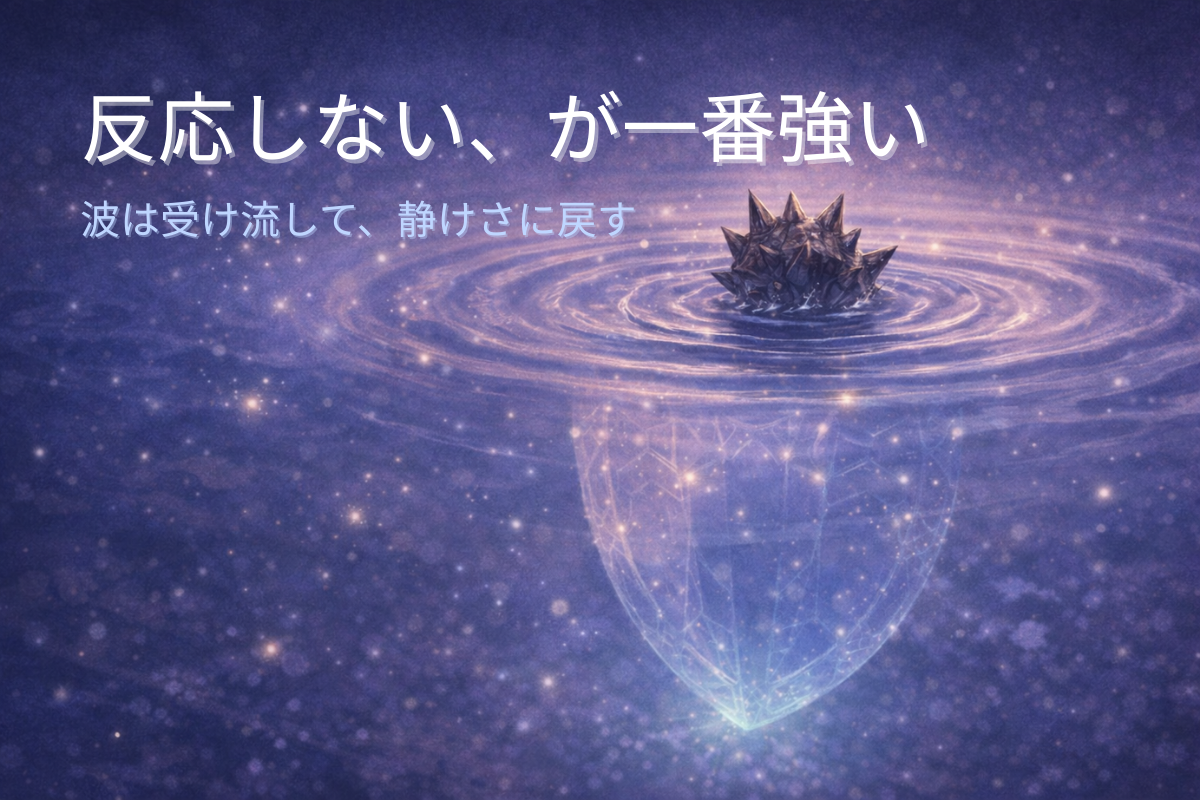 トゲのある石が落ちて波紋が広がる水面と、水面下に透明な盾が見える幻想的なイラスト