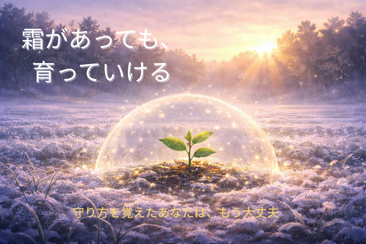 霜が残る畑で少し育った苗に朝日が差し、薄い光のドームが淡く輝く幻想的なイラスト