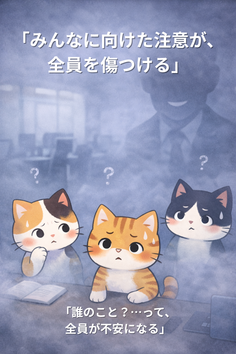薄い霧が広がる会議室で不安げに見回す三毛猫・トラ猫・はちわれ猫。遠くに口元だけ見える上司の影。