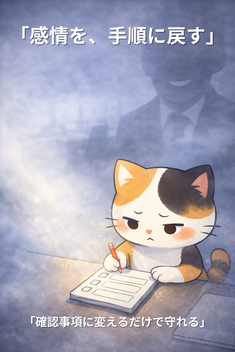 霧のある職場で、三毛猫がノートに3つの空欄枠を書き、メモ周辺だけ光が差して霧が薄くなっている。