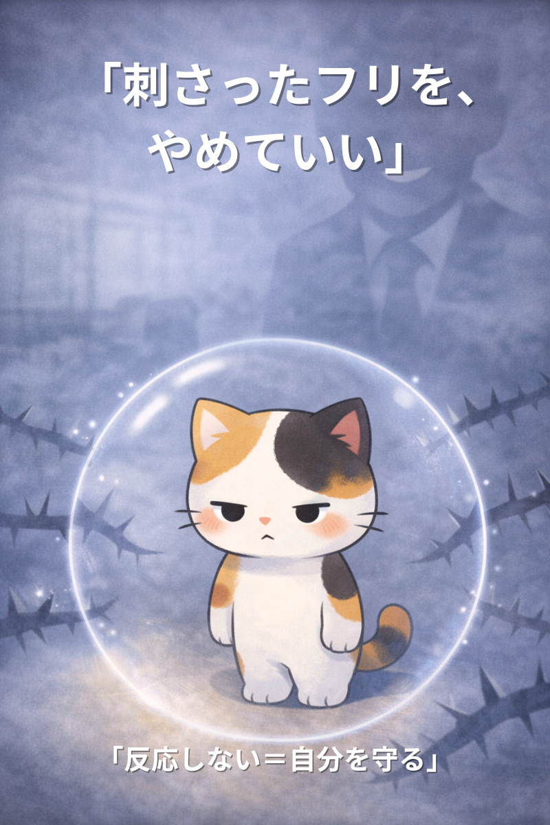 透明な丸いバリアの中で落ち着いた表情の三毛猫。外側から霧と小さな棘が当たって弾かれている。