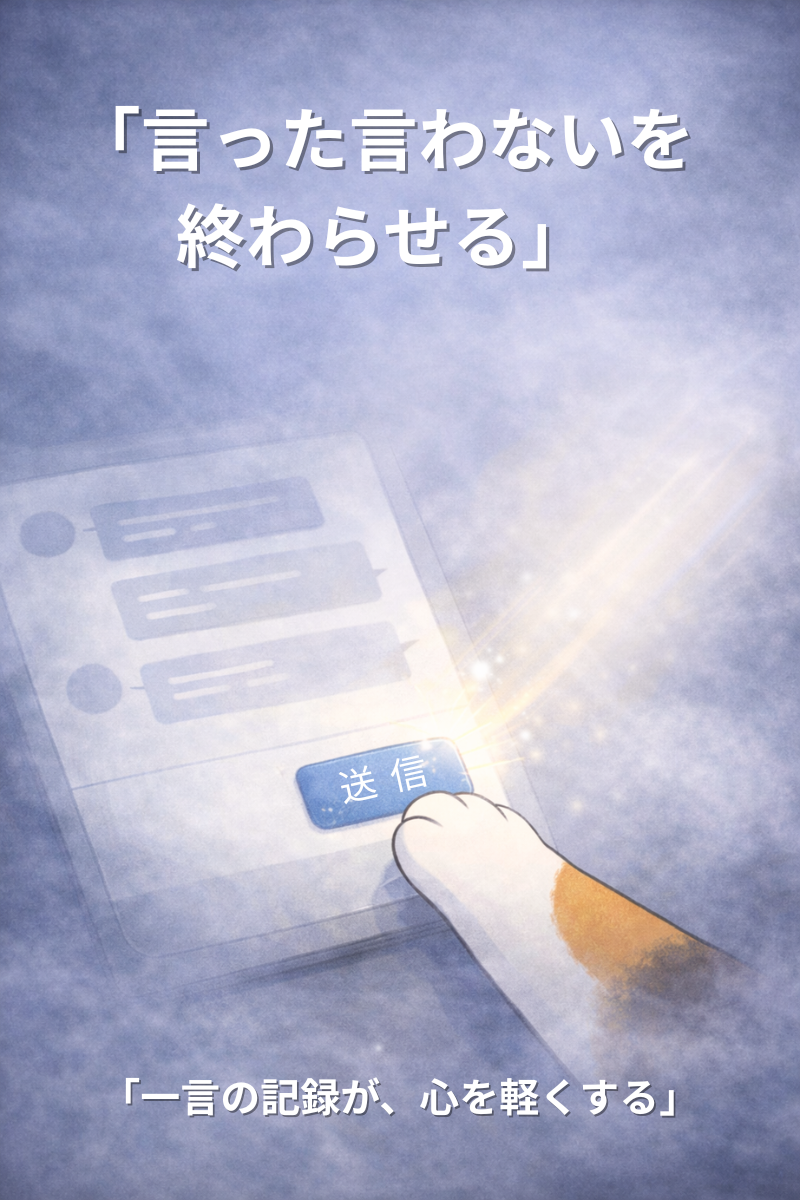 霧の中で、三毛猫の手がスマホの送信ボタンを押す瞬間。光が差して霧が少し晴れている。