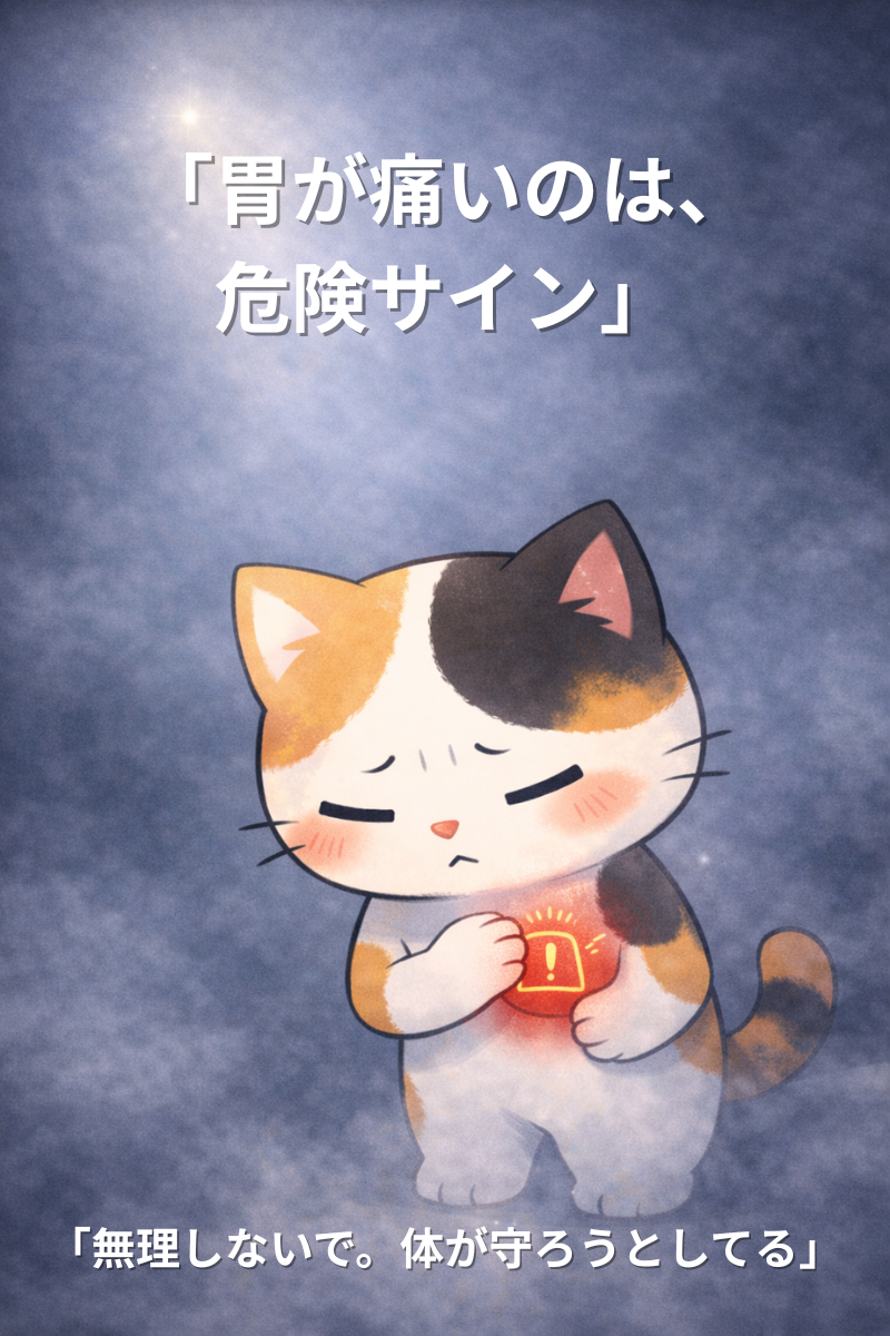 暗い霧の中で胃のあたりに赤い警告灯アイコンが点灯し、つらそうに胸を抱える三毛猫。上部に小さな光が差している。