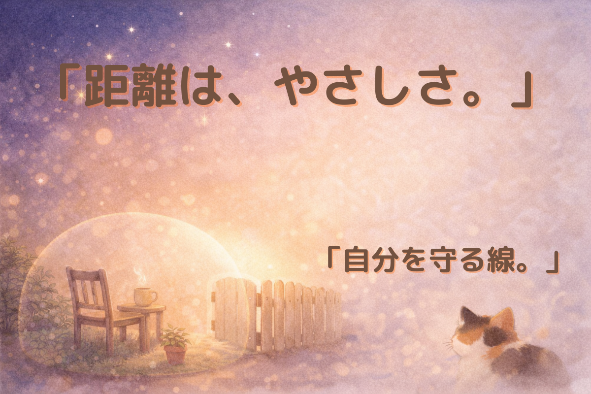 「小さな庭と椅子、温かい飲み物があり、丸い木のフェンスの門が少し開いた夕暮れの水彩イラスト。三毛猫が見守っている」