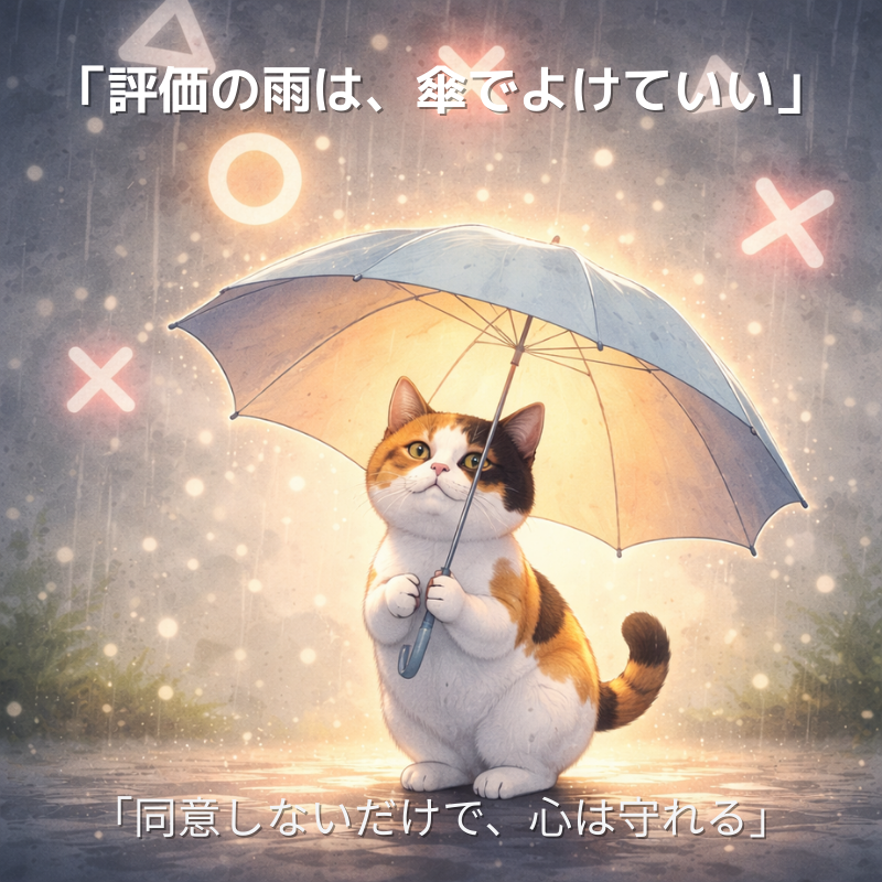 「○×△のスタンプが降る中、傘の内側の光に守られる三毛猫」