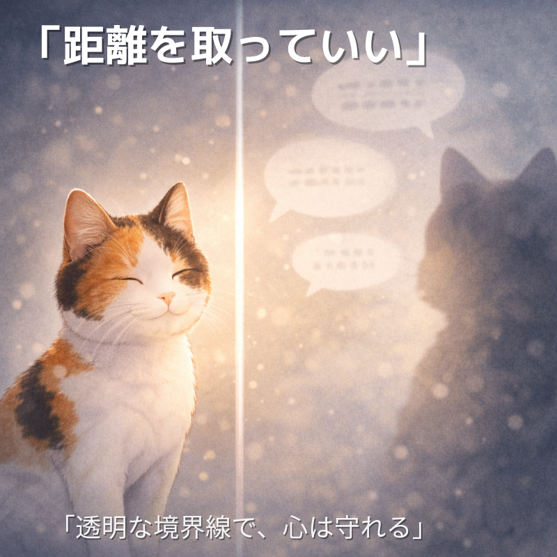 「透明な境界線越しに言葉がぼやけ、穏やかでいられる三毛猫」
