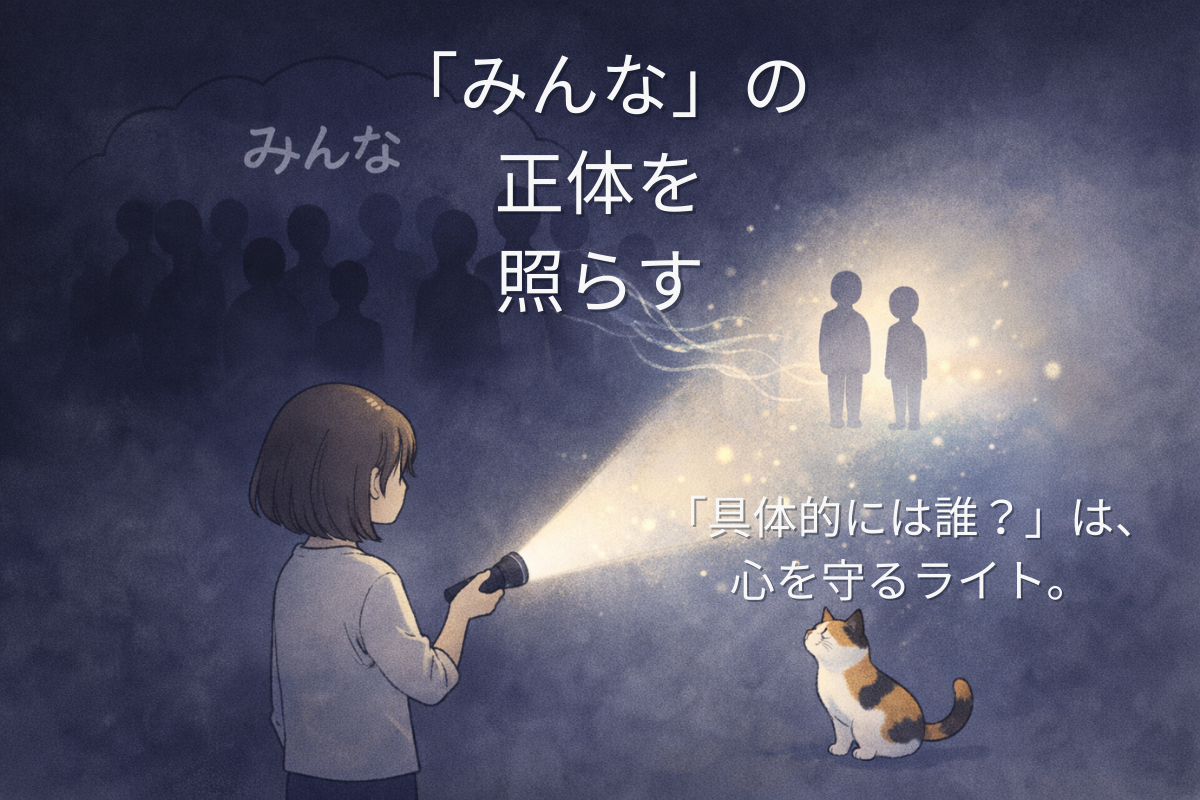 暗い空間で人物がライトを当て、群衆の影がほどけて2人の影だけが浮かび上がる様子を三毛猫が見守るイラスト