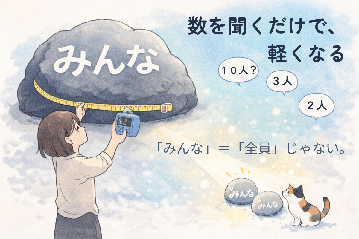 「みんな」と書かれた岩を人物が巻尺で測り、数字を確かめると岩が小石に縮む様子を三毛猫が見ているイラスト