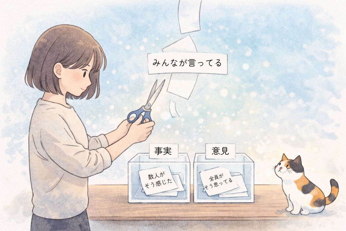 人物が紙を切って「事実」と「意見（解釈）」の箱に仕分けていく様子を三毛猫が見守るイラスト
