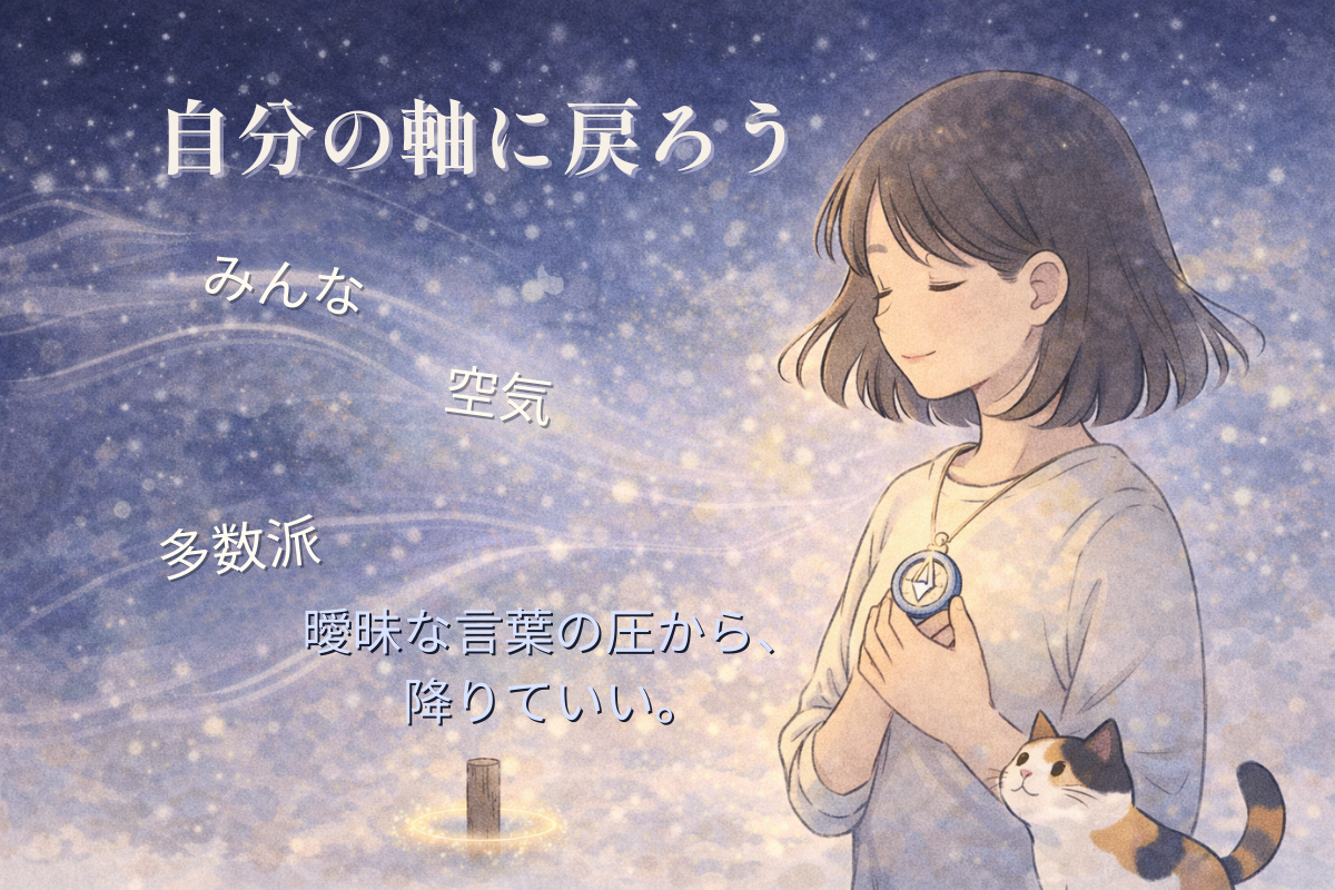 夜空の中で人物が胸元のコンパスをそっと持ち、周囲の言葉の渦に揺らされず穏やかな表情で立つイラスト（三毛猫付き）