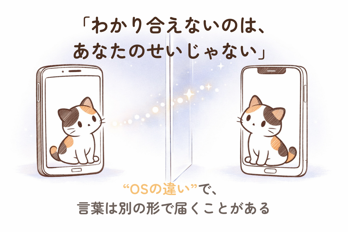 スマホ越しに向かい合う三毛猫と言葉の光がガラス膜で屈折する線画イラスト