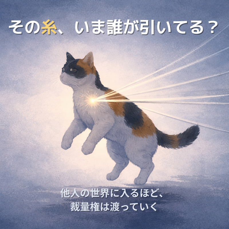 三毛猫の胸元から伸びる細い糸が画面外へ引っ張り、足元が浮いて不安定な状態を描いたイラスト