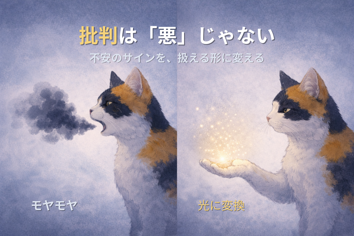 三毛猫が口から黒い雲を吐き、次の場面で手のひらに淡い光の粒を受け取る2コマの癒しイラスト