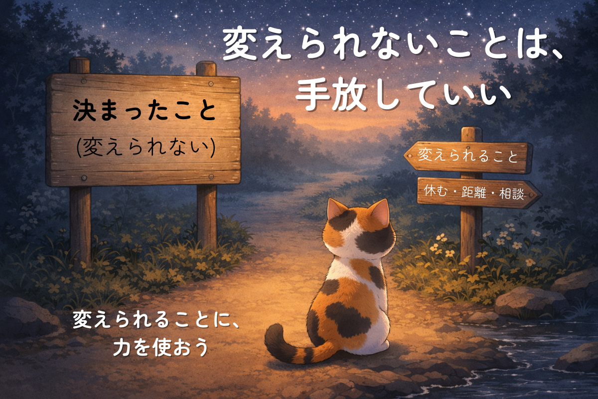 夕暮れの分かれ道で三毛猫が大きな看板と小さな道標を見て落ち着く様子。変えられないことと変えられることの整理を表す