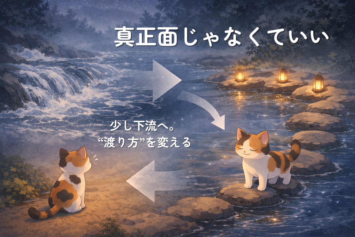 強い流れの川を前にした三毛猫が、矢印に導かれて穏やかな浅瀬の石へ移動する図。抗うより工夫で楽になる例え