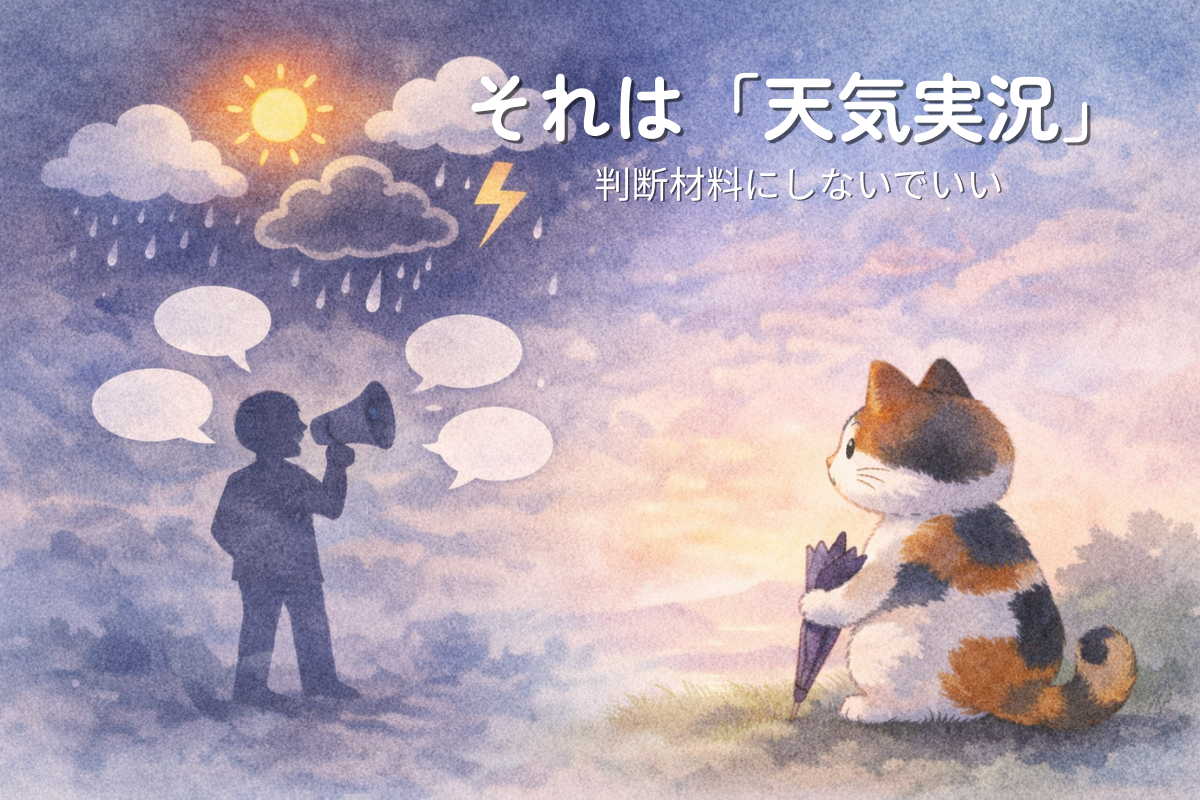 晴れ雨雷のアイコンを背景に、拡声器で話す人影を少し離れて三毛猫が落ち着いて見ているイラスト