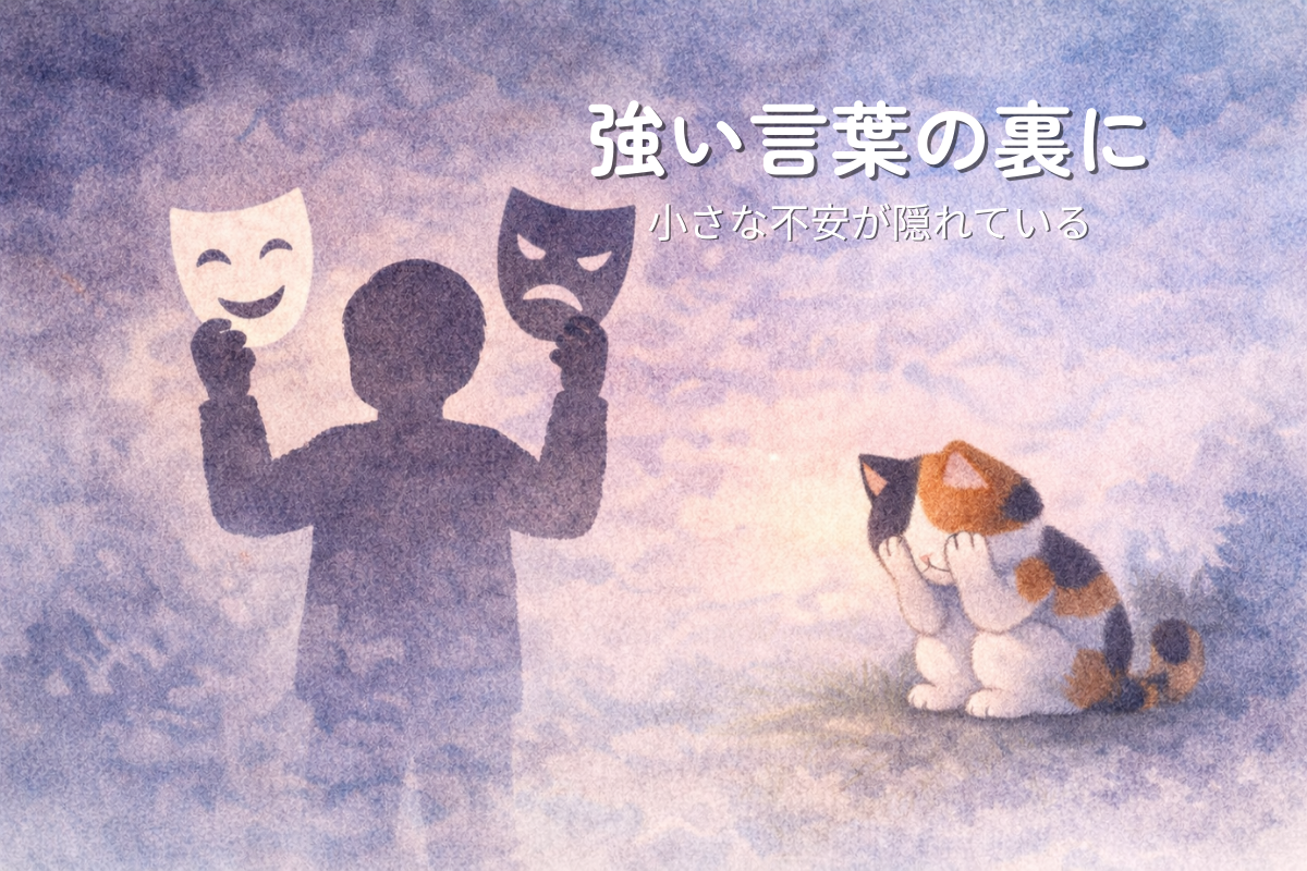 笑顔と不機嫌の仮面を持つ人影と、その背後に不安を表す影、右側で落ち込む三毛猫を描いた水彩風イラスト