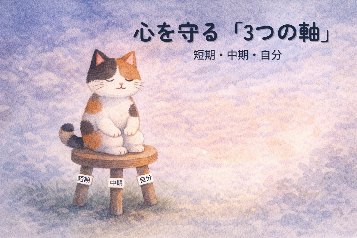 三脚のスツールに落ち着いて座る三毛猫で、短期・中期・自分の3つの軸の安定感を表したイラスト