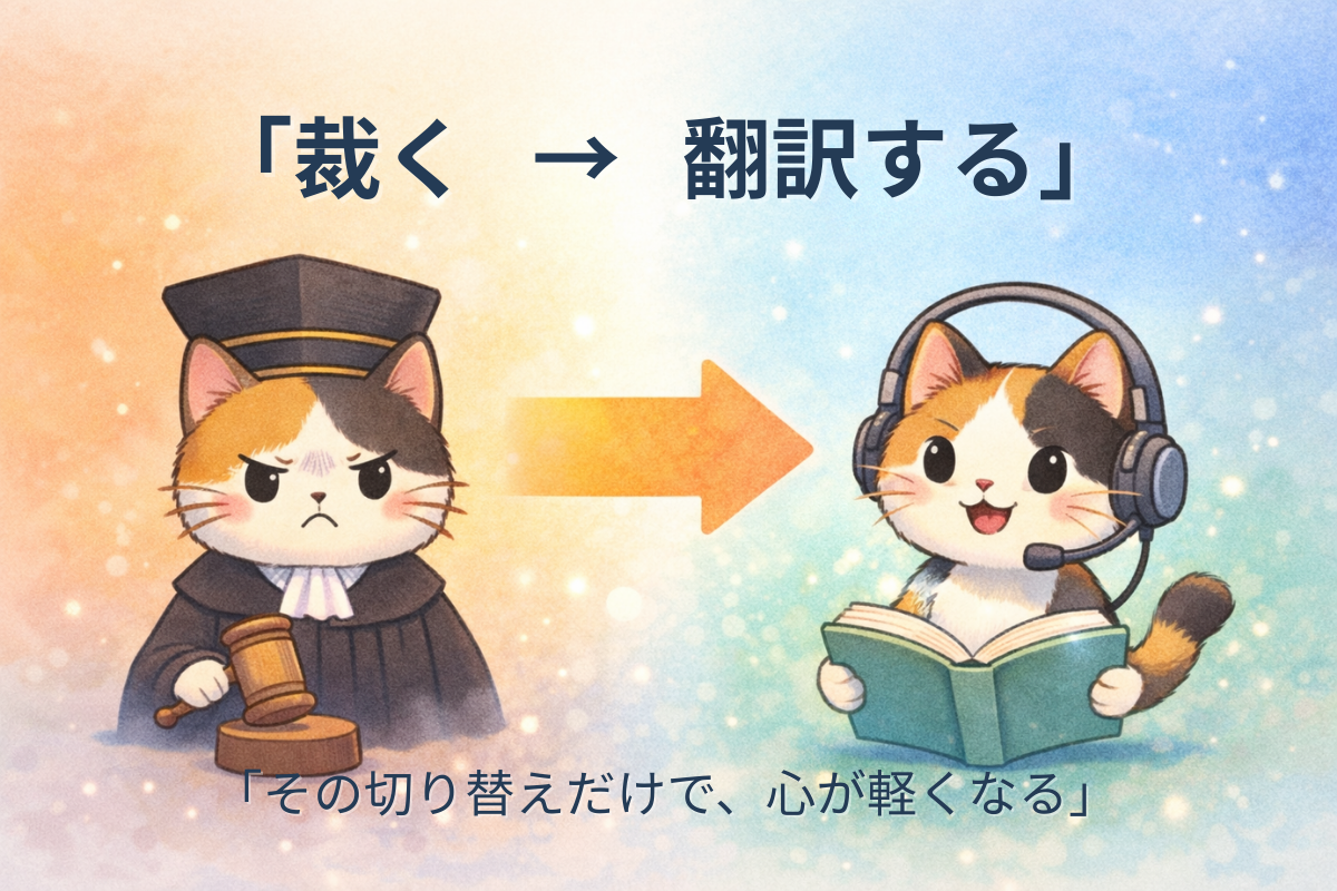 左は裁判官の帽子で厳しい表情の三毛猫、右はヘッドセットで笑顔の三毛猫。裁くから翻訳への切り替えを表す