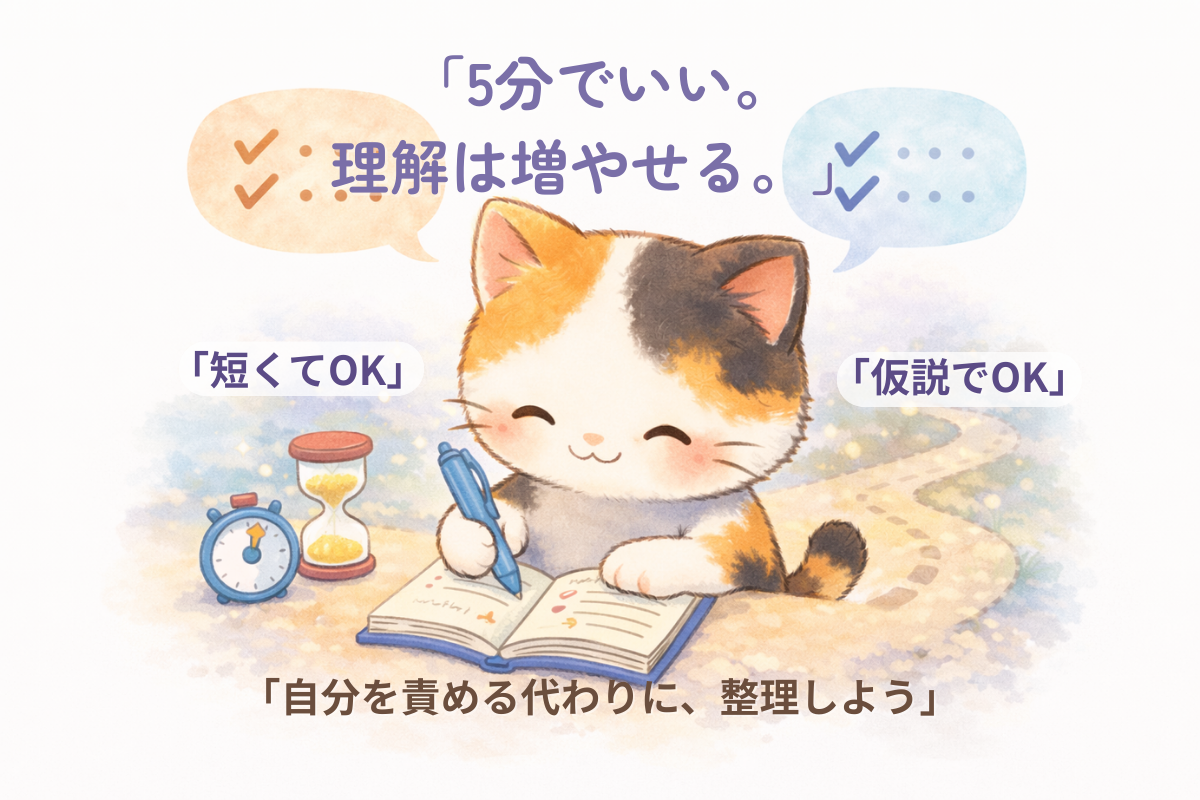 三毛猫がノートにメモを書き、横に5分の砂時計とタイマーがあるイラスト